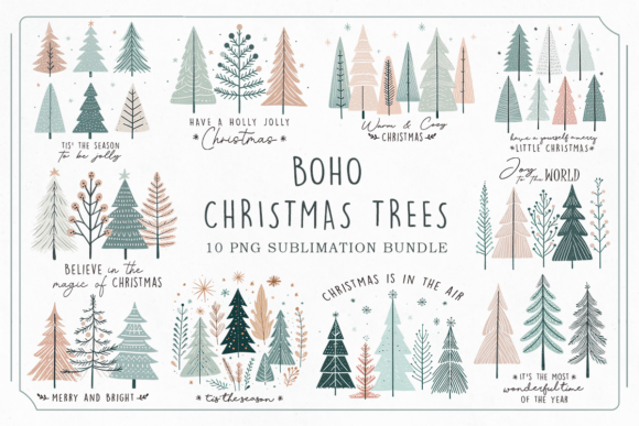 Boho Christmas Trees PNG Bundle: Illustrations Review