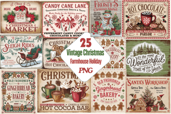 Holiday Sign Vintage Christmas Farmhouse Illustrations