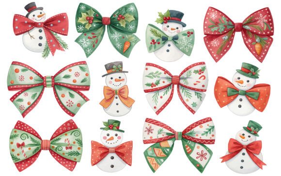 Watercolor Christmas Coquette Bow Snowma Illustrations