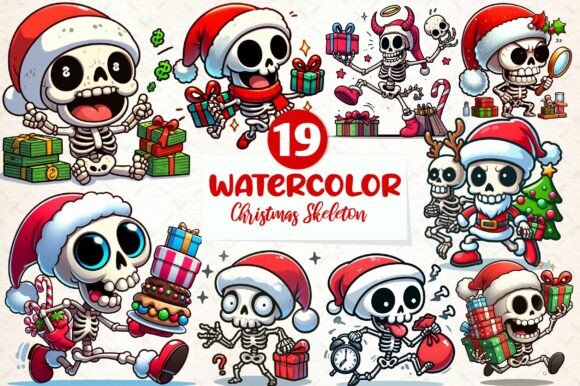 Watercolor Funny Christmas Skeleton Clip: Illustrations for Crafters