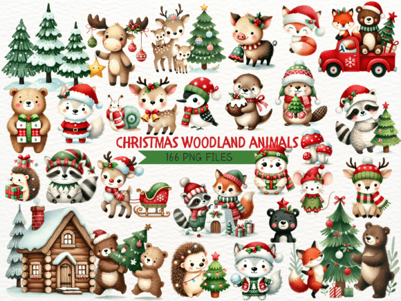 Woodland Christmas Watercolor Clipart & Illustrations